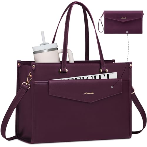 LOVEVOOK Laptop Tote Bag Women 2-in-1 Work Purse Computer Briefcase Handbag | Envelope Wristlet Clutch, Professional Work Bag for Business Office Teacher College Commute, Large PU Leather Messenger Bag - color: Dark Purple, size: 15.6 inch