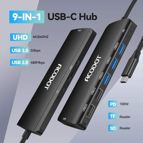 USB C Hub, 9-in-1 Multi-Port USB Adapter, 4K@60Hz HDMI, 100W Max PD, 3 USB3.0(5Gbps) + 2 USB2.0 Data Ports, SD/TF Card Reader for MacBook, iPad Pro, Dell, HP, Lenovo, Windows Laptop, Black - color: Black