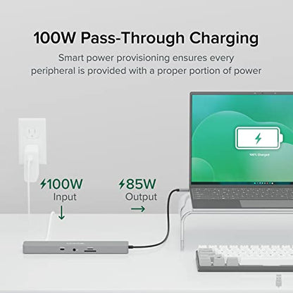 Plugable 11-in-1 USB-C Hub, 100W USB-C Pass-Through, Laptop Docking Station Dual Monitor, 4K 60Hz HDMI, Driverless, Compatible with Thunderbolt, Windows, Chromebooks, Not Recommended for Mac