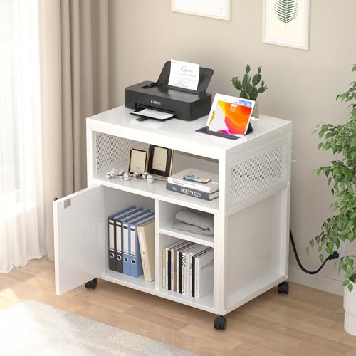 Unikito Rolling File Cabinet Lateral Office Filing Cabinets with Socket and USB Charging Port, Modern Printer Stand on Wheels, Printer Cabinet with Door and Open Storage, Lockable, White - color: White