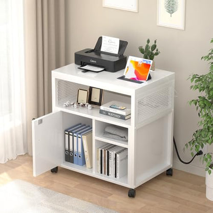 Unikito Rolling File Cabinet Lateral Office Filing Cabinets with Socket and USB Charging Port, Modern Printer Stand on Wheels, Printer Cabinet with Door and Open Storage, Lockable, White - color: White