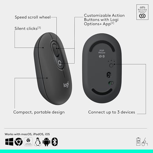 Logitech POP Mouse, Compact and Portable Wireless Bluetooth - Graphite | Compact, portable, programmable buttons, quiet clicks, easy-switch for up to 3 devices, laptop, tablet, PC - color: Graphite