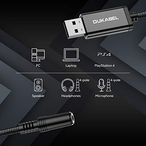 DUKABEL USB Audio Adapter, USB to 3.5mm Aux Adapter for Headset, TRRS Microphones, USB External Sound Card Converter for PC, PS4, PS5[240CM/6.6FT] - size: 2.4Meters
