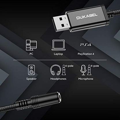 DUKABEL USB Audio Adapter, USB to 3.5mm Aux Adapter for Headset, TRRS Microphones, USB External Sound Card Converter for PC, PS4, PS5[240CM/6.6FT] - size: 2.4Meters
