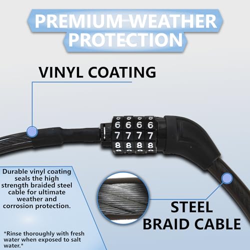 Lumintrail Long Coiled Bike Cable Lock 3/8 Inch (4, 6, 10, 15, 30ft), Weatherproof Locks for Kayak, Bike, Scooter, Paddleboard, Outdoor Equipment, Resettable Combination Lock Anti Theft Protection - size: 6-FT