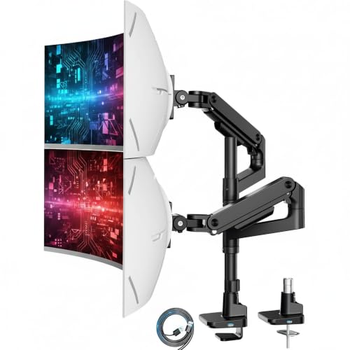 ARES WING Tall Dual Ultrawide Monitor Mount with USB A/C for 17 to 49 Inch | Pro Gas Spring, Aluminum Material, Flexible Screen Layouts, for 75/100 Vesa Mount, Hold 44 Lbs Each Arm, for Samsung Monitor - color: Black with USB, size: with 21'' Pole