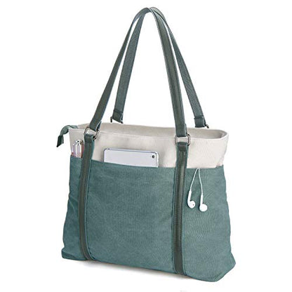Laptop Tote Bag for Women, 15.6 Inch Work Bag with Laptop Compartment and Zipper, Canvas Computer Tote for Teacher - color: Green