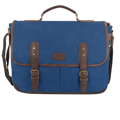 Vintage Canvas Messenger Bag for Men – Laptop Briefcase for Work & Travel – Multi-Pocket Crossbody Bag - color: Blue