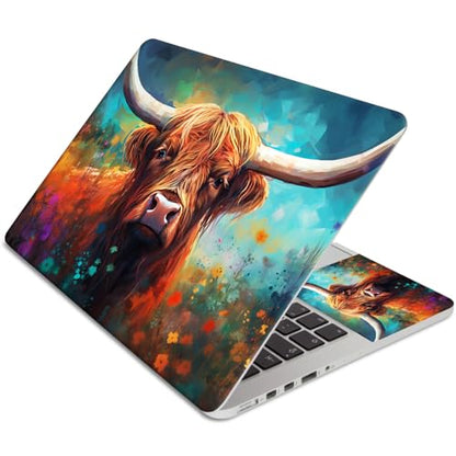 Laptop Skin Sticker 3-Piece Set,Highland Cow and Flowers | Trim-to-fit 3-piece vinyl set with one 15 x 10.6 in lid skin and two palm-rest decals for many 12-15.6 in laptops - color: Highland Cow And Flowers
