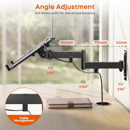 PUTORSEN 2-in-1 Laptop Wall Mount for 10-17" Notebooks & 32" Screens | Full Motion Adjustable Laptop Arm with Detachable Tray, Holds 4.4-19.8 lbs, Swivel & Tilt, Easy to Install, Black