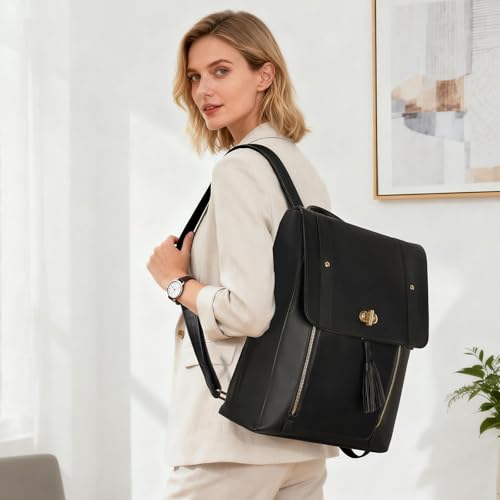 ESTARER Upgraded Version Women PU Leather Backpack 15.6 Inch Laptop Backpack Vintage College Rucksack Bag (Black)