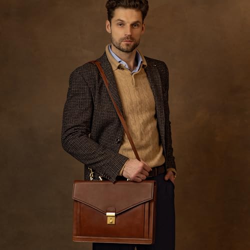 Time Resistance Leather Briefcase for Men - Business Laptop Bag - Italian Handmade Leather Bag - Attache - Gift Box Included - color: Cognac Brown