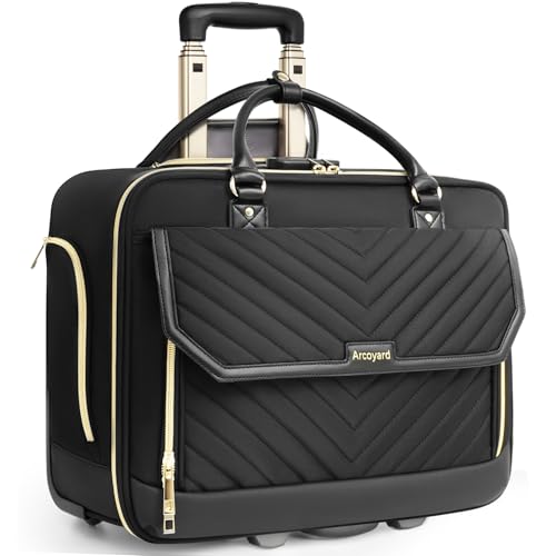 Arcoyard Rolling Laptop Bag Women, Rolling Briefcase for Women for Work, 17 Inch Computer Bag with Wheels, Fashion Flap Laptop Bag With Wheels for Work Business, TSA Friendly Design, Black - color: V-Shaped Black / Gold Telescopic Handle, size: 2 Wheels /