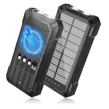 Solar Power Bank 49800mAh - Wireless Portable Charger 15W Fast Charging with 4 Built-in Cables. Equipped with a Powerful Flashlight, IP65 Outdoor Waterproof Power Bank Perfect for Camping (Black) - color: Black