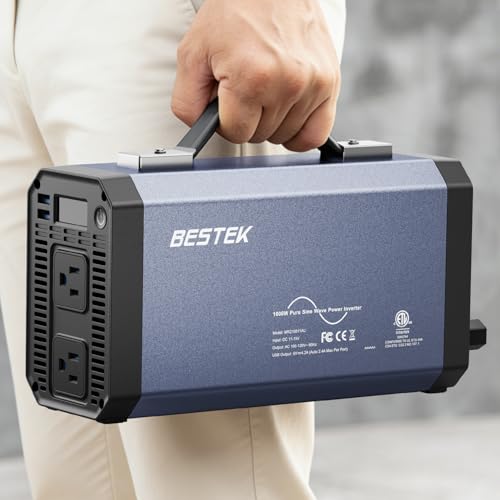 BESTEK Pure Sine Wave Power Inverter - 1000W Car Inverter DC 12V to 110V AC - Car Charger Adapter Outlet with 4.8A Dual USB Charging Ports - Digital LCD Display - Aluminum Housing - Rubber Handle - color: Black
