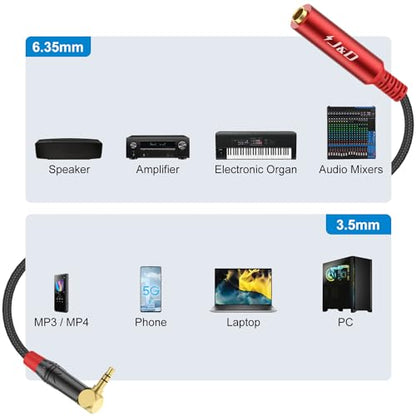 J&D 1/4 to 3.5mm Headphone Adapter, TRS 1/4 inch to 1/8 inch Stereo Audio Adapter Cable, 6.35mm Female to 3.5mm Male Stereo Audio Adapter for Headphone, Amplifiers, Guitar, Amp, 1ft / 30 cm, Red