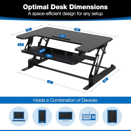 Mount-It! Standing Desk Converter - Height Adjustable Stand Up Riser with Manual Lift, 36.5" x 22" Desktop, Stand up Convertor in Black, Fits Dual Monitors, Laptop and Keyboard Mouse Tray - size: 36" Width