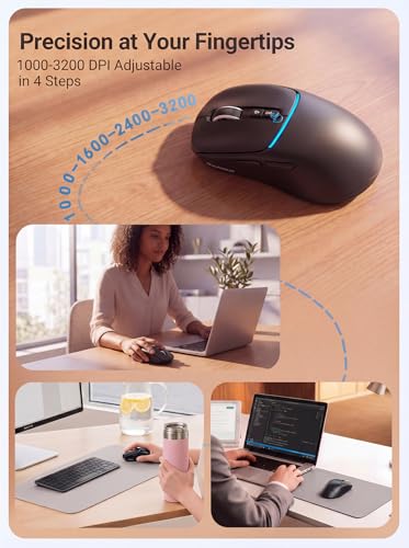 RAPIQUE Bluetooth Wireless Mouse, Dual Bluetooth + 2.4G, Black | 3-device switching, USB-C rechargeable, quiet clicks, 4 DPI Levels up to 3200, Ergonomic Right-Hand for PC, MacBook, Laptop - color: Black
