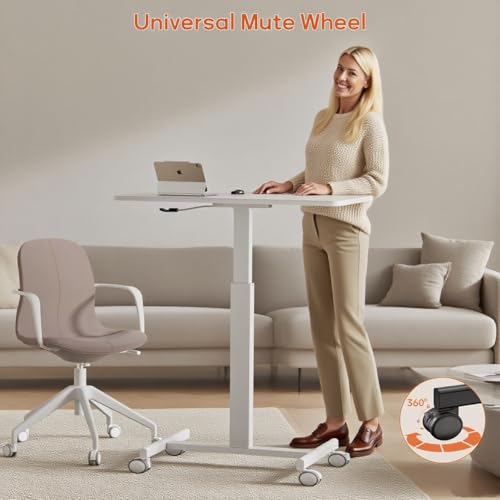 Mobile Small Standing Desk,Gas Spring Adjustable Height Rolling Portable Laptop Desk with Lockable Wheels, Computer Workstation for Home Office, White - color: White
