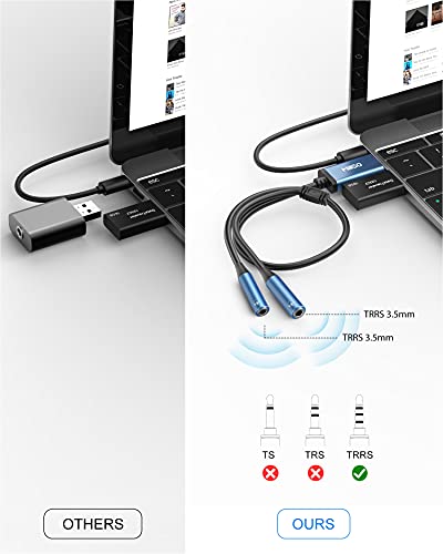USB to Dual 3.5mm Audio Jack Adapter, Sapphire Blue TRRS External Stereo Sound Card Headphone Stereo Jack Splitter for Two Headphones, Speakers to a PC, Laptop, Desktop, PS4, PS5-1 Feet - color: USB to 2 x 3.5mm TRRS Audio Splitter