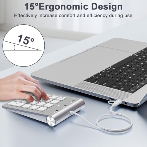 Wired Numeric Keypad with USB A/USB C, Multifunction Keys Number Pad with 3 Additional USB 2.0 Ports, 18 Keys, 15° Ergonomic Programmable Numeric Pad for Laptops, Notebooks, and Desktops