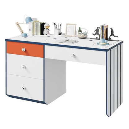 Modern Small Desk with 4 Drawers, 47 Inch Computer Desk with Storage & Soccer Shaped Handle, Wooden Student Study Writing Table for Bedroom, Small Space, White/Blue