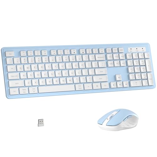 MPTOG Wireless Keyboard and Mouse Combo, Full-Size 104-Key Office Keyboard with 15 Function Keys, Numeric Keypad, Single USB Receiver, Compatible with PC and Laptop(Blue White) - color: Blue White