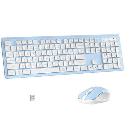 MPTOG Wireless Keyboard and Mouse Combo, Full-Size 104-Key Office Keyboard with 15 Function Keys, Numeric Keypad, Single USB Receiver, Compatible with PC and Laptop(Blue White) - color: Blue White