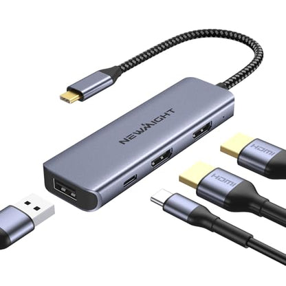 USB C Dual HDMI Adapter for 2 Monitors, Newmight 4-in-1 USB C to Dual Monitor HDMI Splitter, Supports Single 4K 60Hz and Dual 4K 30Hz, 100W PD, USB-A Port for MacBook, HP, Dell, iPhone 15/16 Series
