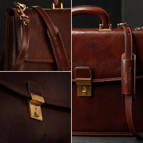 Time Resistance Leather Briefcase - Italian Handmade Leather Laptop Bag - Handbag for Men - Professional Computer Case - color: Brown