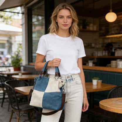 Women's Canvas Color Block Tote Bag Convertible Crossbody Hobo Handbag Lightweight Shoulder Bag for Daily Travel Work - color: Blue