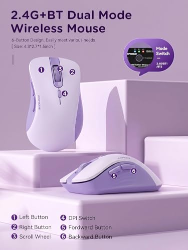 RAPIQUE Bluetooth Wireless Mouse, Dual Bluetooth & 2.4GHz, Purple | Right-Hand Design, Quiet Clicks, Low Power, 3-device switching, Portable Multi-Device for MacBook, Laptop, Computer, iPad, PC - color: Lavender Purple