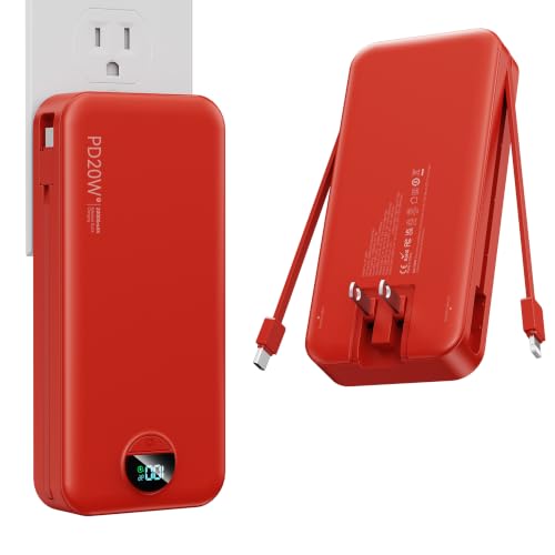 Nusyddy Portable Charger 20000mAh Fast Charging w/Built-in Wall Plug Red | PD20W Fast Charging, High Capacity, LED Display, Charge 5 Devices at once, TSA Approved, Compatible with iPhone/Samsung - color: Ruby