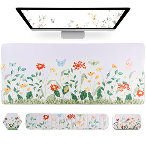 Petmolico 4-in-1 Wrist Rest Set with Desk Pad, Silver Wild Flowers | Non-slip PU base, soft Lycra & memory foam, ergonomic pain relief, great for home/office - color: Silver