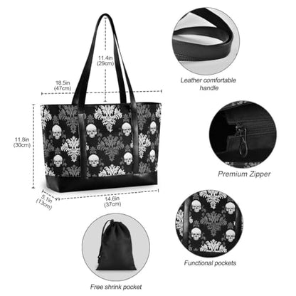 Gothic Skull Laptop Tote Bag,Fits 15.6 Inch Laptop,Womens Lightweight Canvas Leather Tote Bag Shoulder Bag