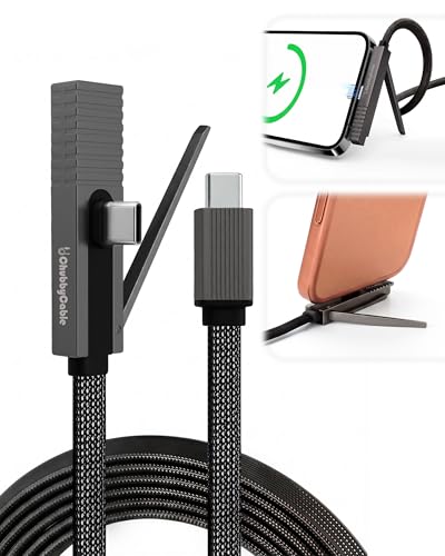chubbycable StandLite Pro 90° 240W Fast Charge Cable with Invisible Stand & Phone Case Friendly Right Angle USB C Cable Braided Charging Cord, Black, Type-C to Type-C, 4.9FT - color: Black, size: 4.9ft