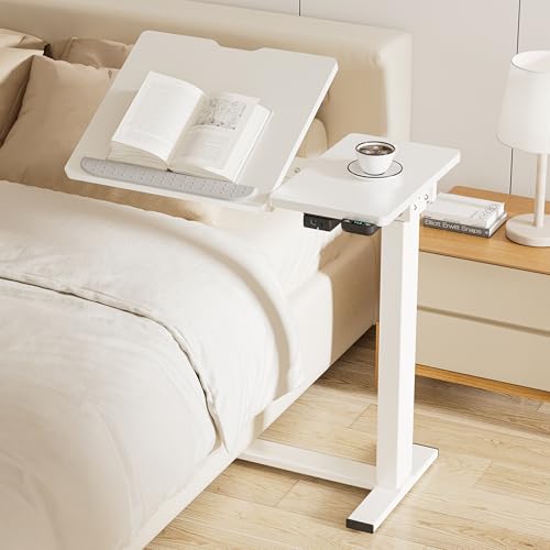 BIZUM Small Electric Standing Desk, Overbed Table Wireless Tilt Top with Hidden Wheels, 27.6×15.8 Inch Adjustable Rolling Laptop Desk, USB-C Rechargeable Battery, White - color: White