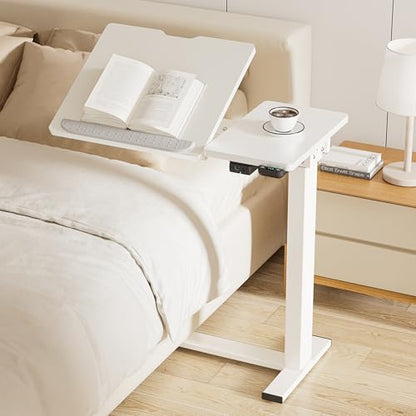 BIZUM Small Electric Standing Desk, Overbed Table Wireless Tilt Top with Hidden Wheels, 27.6×15.8 Inch Adjustable Rolling Laptop Desk, USB-C Rechargeable Battery, White - color: White