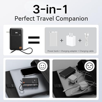 Portable Charger Wall Plug 65W for Laptop, 10000mAh Power Bank Built in Cable, USB-C Phone Battery Pack 35W Fast Charging, Travel Essentials Compatible with iPhone 17 16 15 Samsung iPad MacBook Pro