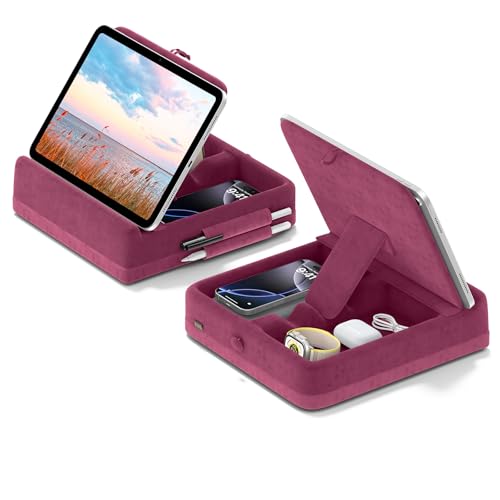 KDD Tablet Pillow Stand with Storage, Foldable iPad Holder for Lap, Desk and Bed, Angle Adjustable Soft Pad Dock with Stylus Mount Compatible with iPad Pro, Air, mini, Book, Phone and Tablet (4-13") - color: Dark Purple