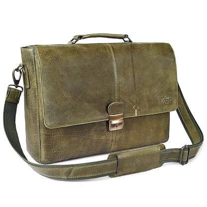 Leather Messenger Bag for Men & Women, 16'' Handmade Laptop Briefcase Satchel, Crossbody Shoulder Office Bag for Work, Travel - color: Olive