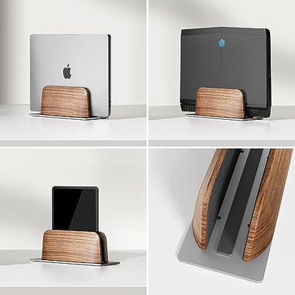 UPERGO Vertical Laptop Stand for Desk, Laptop Holder to Dock MacBook, MacBook Pro and Other Laptops, Black Walnut Wood | Solid Black Walnut Wood & Aluminum, Adjustable 0.79"–1.42", Scratch-Resistant Pads, Anti-Slip Base, Natural Wood Grain