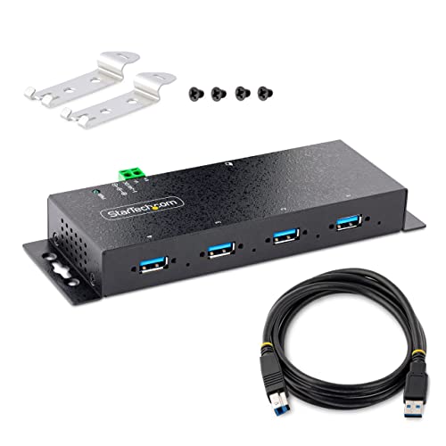 StarTech 4-Port Industrial USB 3.0 Hub 5Gbps, TAA (5G4AINDNP-USB-A-HUB) | 4x USB-A ports, ESD protection, DIN wall and desk mountable, Locking ports, Terminal block 5-24V DC