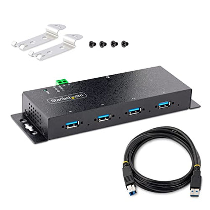 StarTech 4-Port Industrial USB 3.0 Hub 5Gbps, TAA (5G4AINDNP-USB-A-HUB) | 4x USB-A ports, ESD protection, DIN wall and desk mountable, Locking ports, Terminal block 5-24V DC