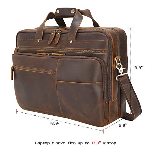 Polare X-Large 18" Full Grain Leather Briefcase For Men Business Travel Case Messenger Bag Fits 17.3" Laptop - color: Brown (X-large 18'')