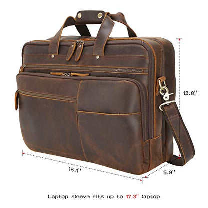 Polare X-Large 18" Full Grain Leather Briefcase For Men Business Travel Case Messenger Bag Fits 17.3" Laptop - color: Brown (X-large 18'')