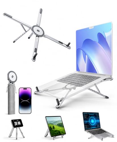 Laptop Stand for Desk, 8-Level Adjustable, Magnetic Phone Mount Silver | For 13–17 in laptops. Aluminum build, anti-slip support and fold-flat portability. Includes a magnetic ring and carry bag. - color: Silver