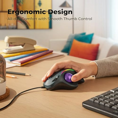 Wired Trackball Mouse with RGB Lighting, Ergonomic Thumb Control to Reduce Muscle Strain, 5 Adjustable DPI, Dual USB-C & USB-A Connectivity, Compatible with PC, Laptop, Mac, Windows-Purple - color: B-Purple