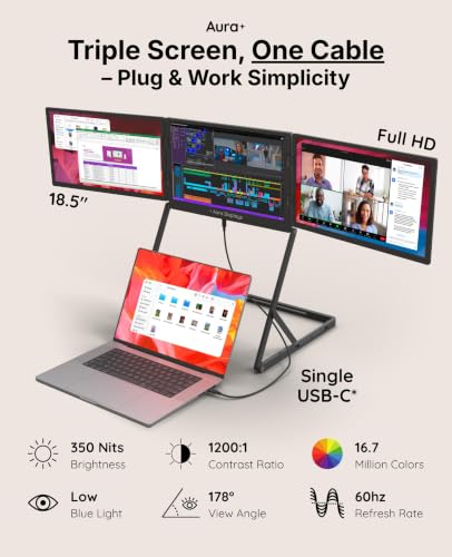 | Triple Aero Pro Max 18.5" | Portable Monitor Extender | Full Aluminum | Quad Screens | 3×18.5" FHD 1080P HDR IPS | USB-C & HDMI | Compatible 12-18.5" Laptops Windows MacOS - size: 3x 18.5" Full HD