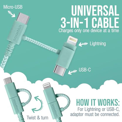 Smartish USB-C/Lightning Cable 17/16/16e/15/14 - Crown Joule - 6Foot Universal Fast Fabric Wrapped Charging Cable w/Micro-USB - MFi Certified 13/12/SE/iPad/AirPods/Android - Green - color: Teal Me More, size: USB to USB-C/Lightning/Micro